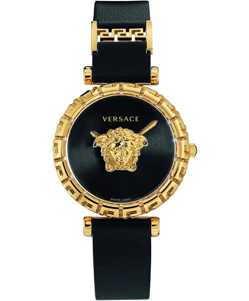Versace Palazzo Empire Greca Damenuhr mit schwarzem Zifferblatt und schwarzem Lederarmband – VEDV00119