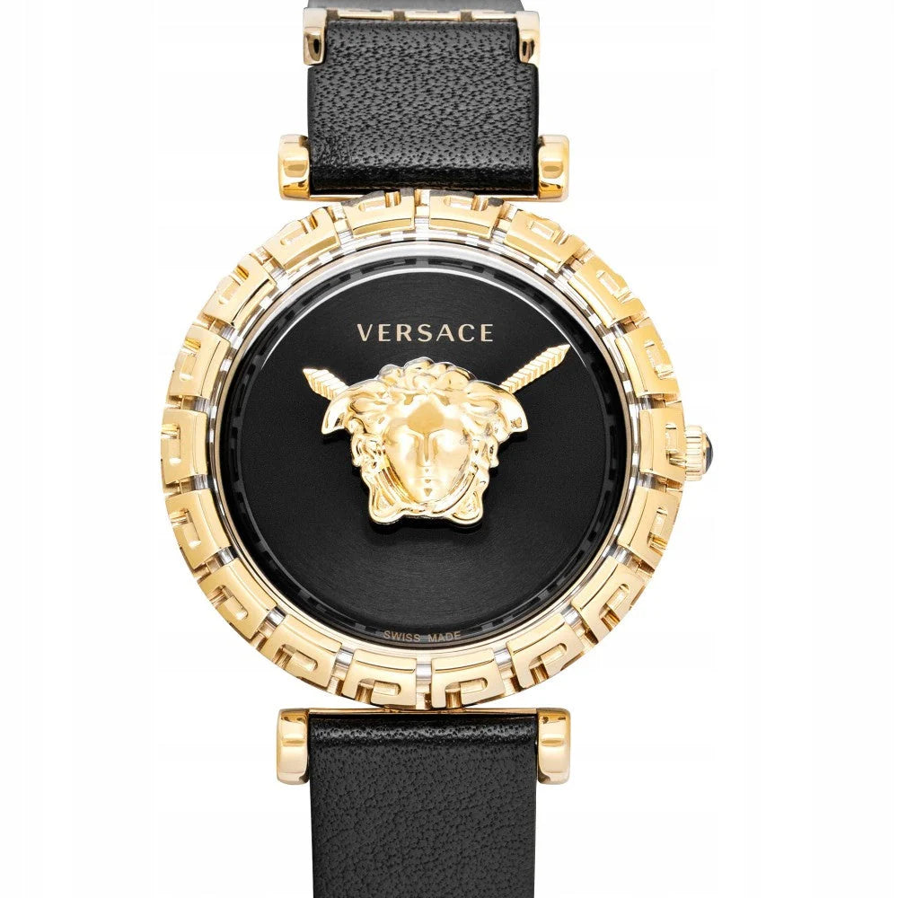 Versace Palazzo Empire Greca Damenuhr mit schwarzem Zifferblatt und schwarzem Lederarmband – VEDV00119
