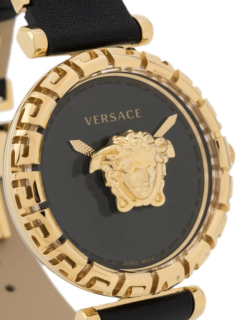 Versace Palazzo Empire Greca Damenuhr mit schwarzem Zifferblatt und schwarzem Lederarmband – VEDV00119