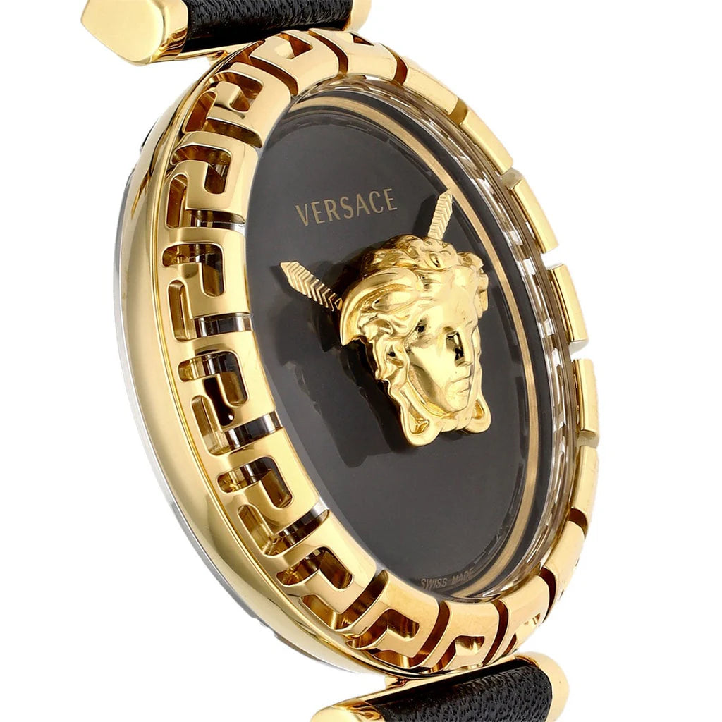 Versace Palazzo Empire Greca Damenuhr mit schwarzem Zifferblatt und schwarzem Lederarmband – VEDV00119