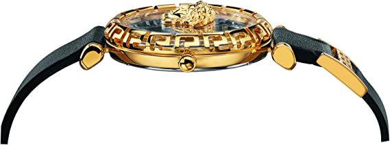 Versace Palazzo Empire Greca Damenuhr mit schwarzem Zifferblatt und schwarzem Lederarmband – VEDV00119
