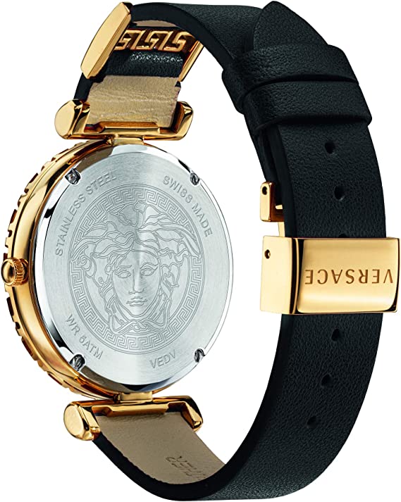 Versace Palazzo Empire Greca Damenuhr mit schwarzem Zifferblatt und schwarzem Lederarmband – VEDV00119