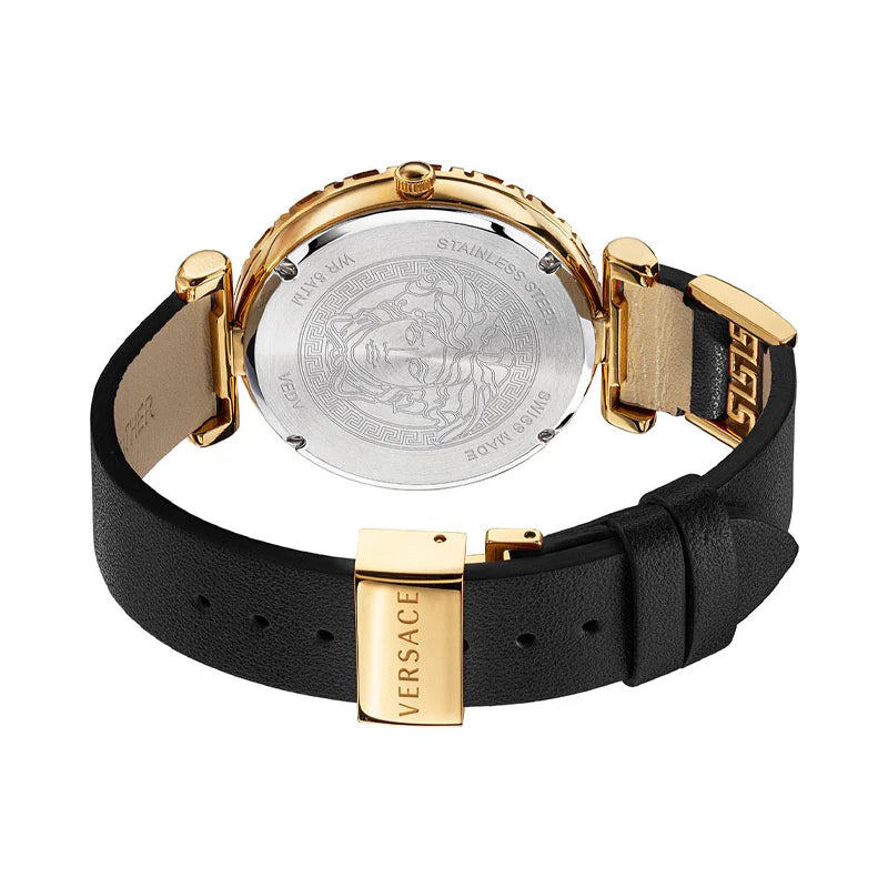 Versace Palazzo Empire Greca Damenuhr mit schwarzem Zifferblatt und schwarzem Lederarmband – VEDV00119