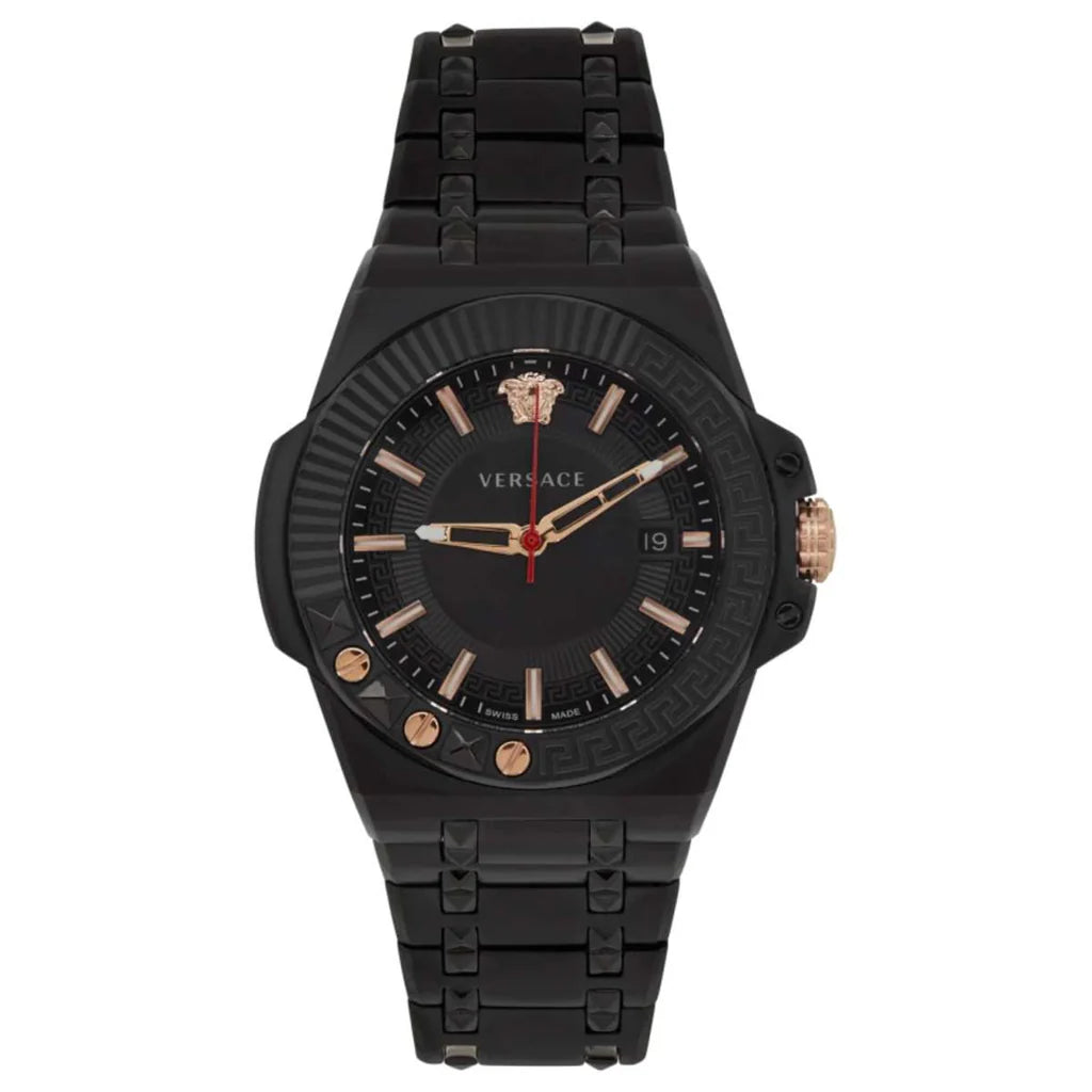 Versace Chain Reaction Quarzuhr für Herren, schwarzes Zifferblatt, schwarzes Edelstahlarmband - VEDY00719