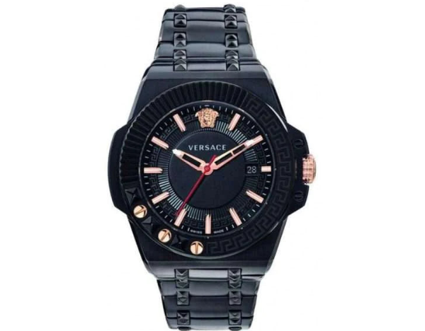 Versace Chain Reaction Quarzuhr für Herren, schwarzes Zifferblatt, schwarzes Edelstahlarmband - VEDY00719
