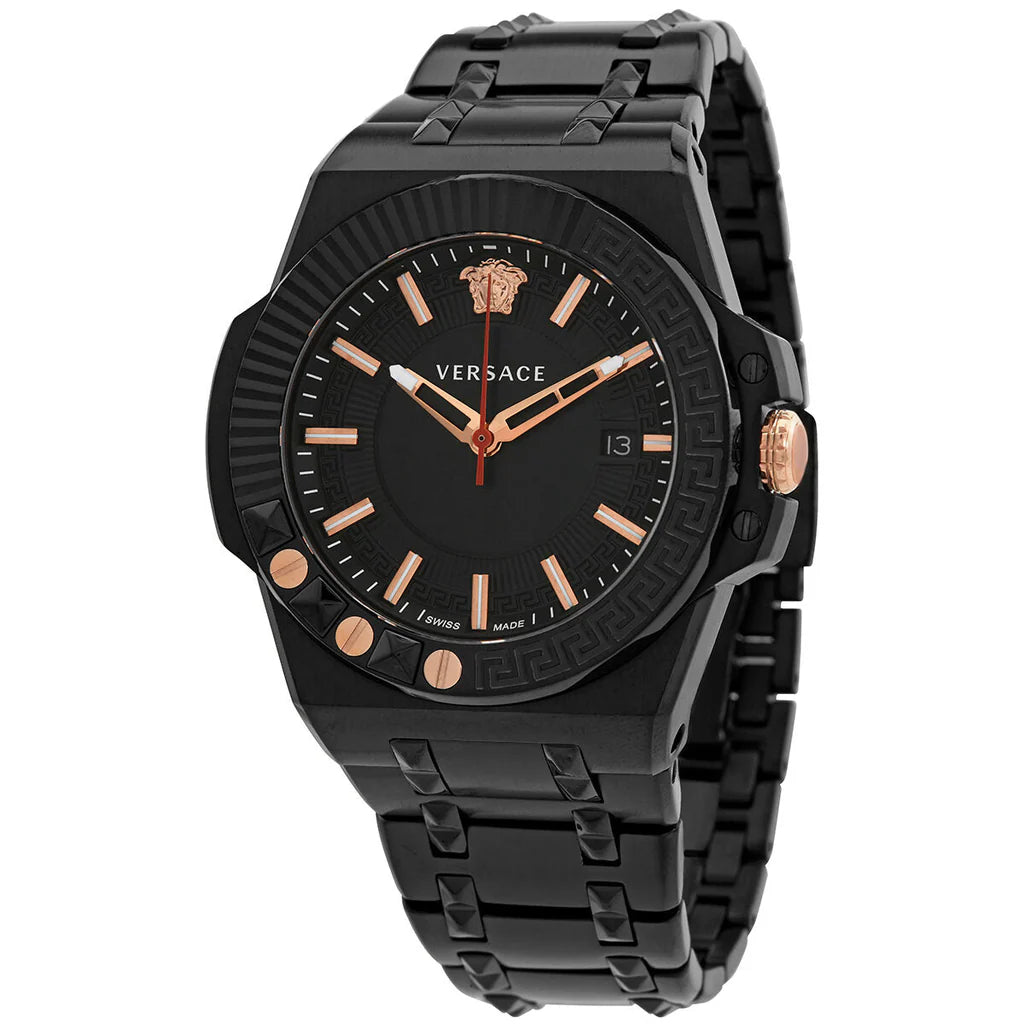 Versace Chain Reaction Quarzuhr für Herren, schwarzes Zifferblatt, schwarzes Edelstahlarmband - VEDY00719