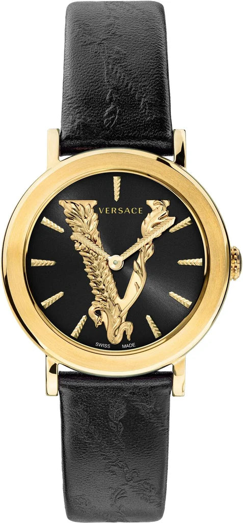 Versace Virtus Quarzuhr mit schwarzem Zifferblatt und schwarzem Lederarmband für Damen – VEHC00119, Damenuhr