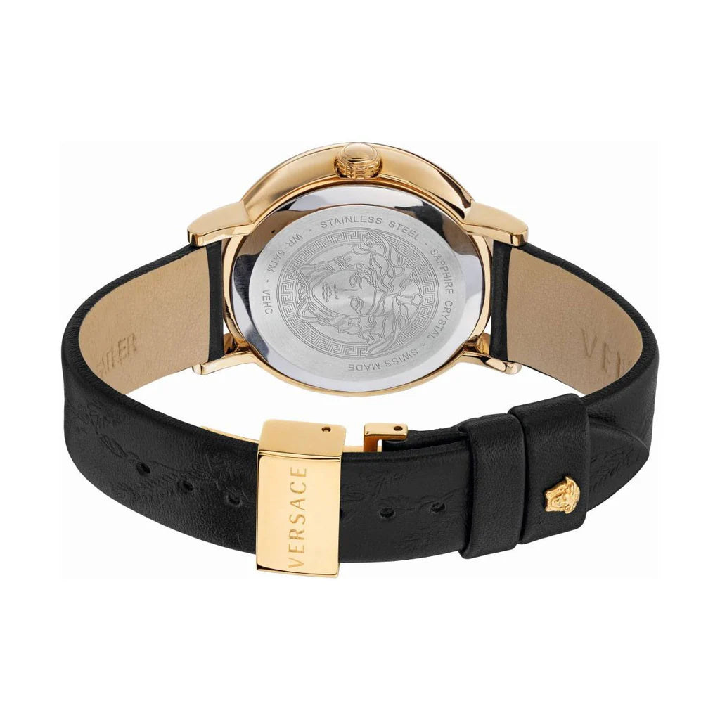 Versace Virtus Quarzuhr mit schwarzem Zifferblatt und schwarzem Lederarmband für Damen – VEHC00119, Damenuhr