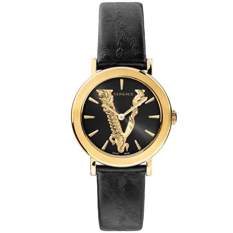 Versace Virtus Quarzuhr mit schwarzem Zifferblatt und schwarzem Lederarmband für Damen – VEHC00119, Damenuhr