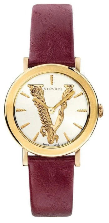 Versace Virtus Quarzuhr mit bordeaux Zifferblatt und weinrotem Lederarmband für Damen – VEHC00219, Damenuhr