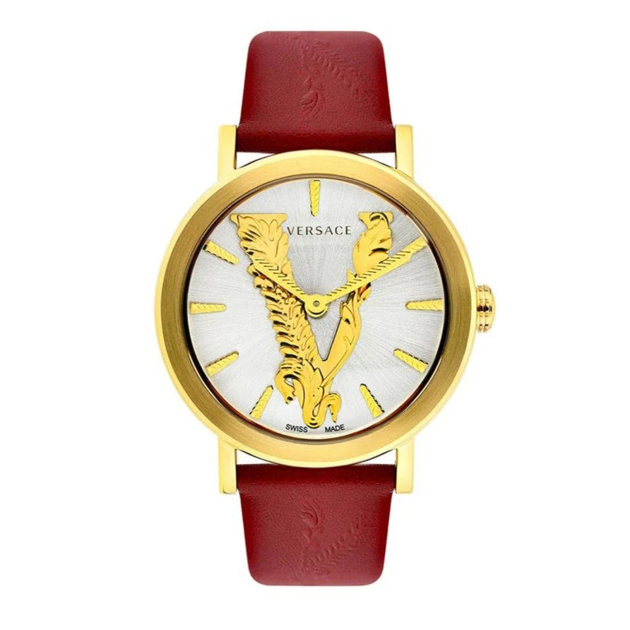 Versace Virtus Quarzuhr mit bordeaux Zifferblatt und weinrotem Lederarmband für Damen – VEHC00219, Damenuhr