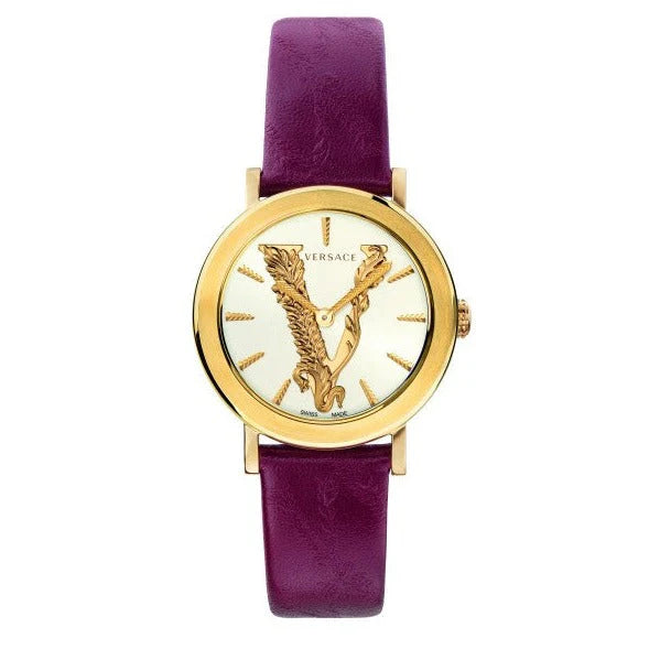 Versace Virtus Quarzuhr mit bordeaux Zifferblatt und weinrotem Lederarmband für Damen – VEHC00219, Damenuhr
