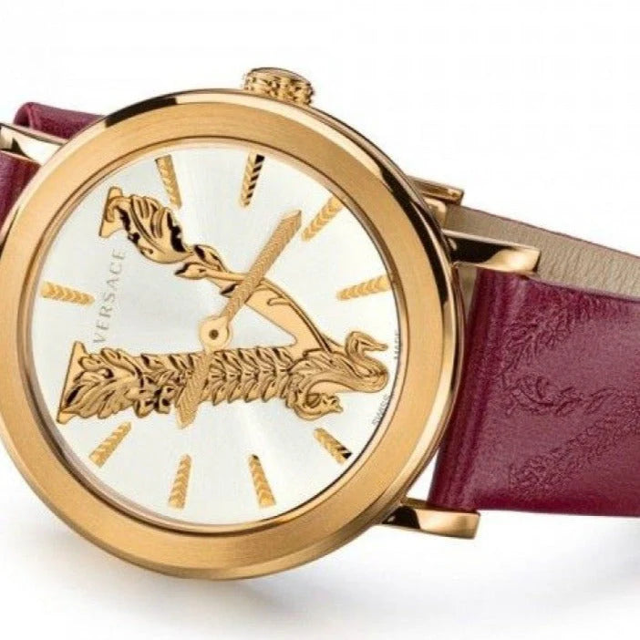 Versace Virtus Quarzuhr mit bordeaux Zifferblatt und weinrotem Lederarmband für Damen – VEHC00219, Damenuhr