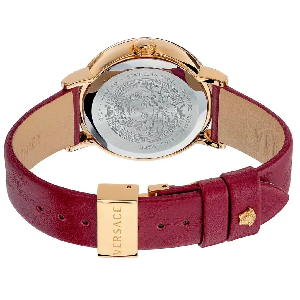 Versace Virtus Quarzuhr mit bordeaux Zifferblatt und weinrotem Lederarmband für Damen – VEHC00219, Damenuhr