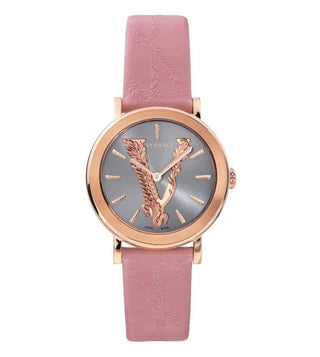 Versace Virtus Quarzuhr mit grauem Zifferblatt und rosafarbenem Lederarmband für Damen – VEHC00319, Damenuhr