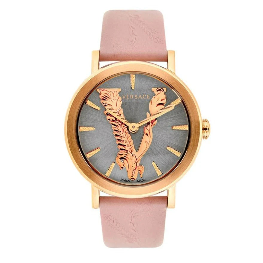 Versace Virtus Quarzuhr mit grauem Zifferblatt und rosafarbenem Lederarmband für Damen – VEHC00319, Damenuhr