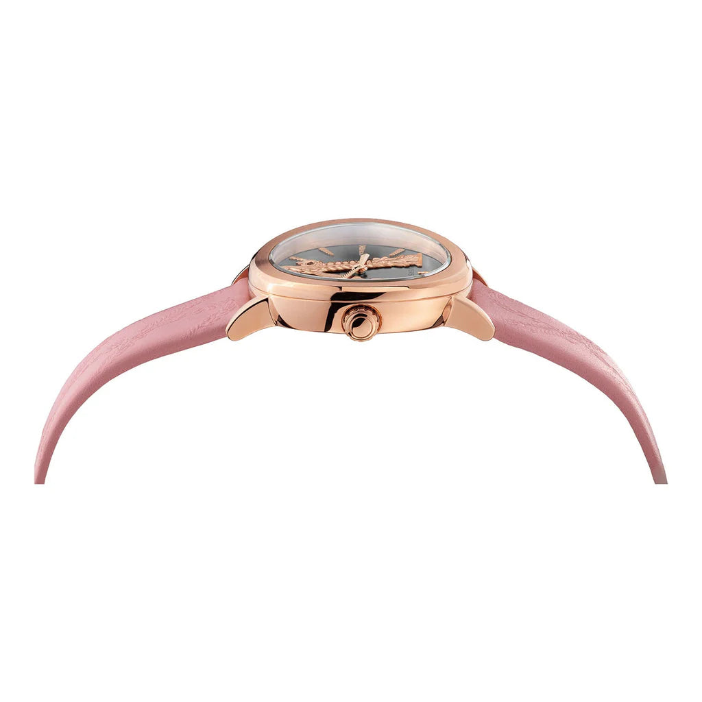 Versace Virtus Quarzuhr mit grauem Zifferblatt und rosafarbenem Lederarmband für Damen – VEHC00319, Damenuhr