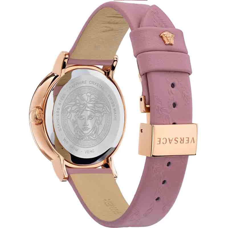 Versace Virtus Quarzuhr mit grauem Zifferblatt und rosafarbenem Lederarmband für Damen – VEHC00319, Damenuhr