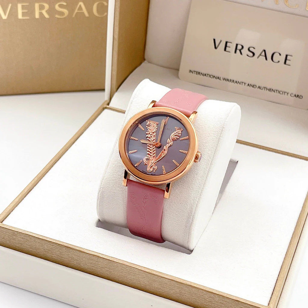 Versace Virtus Quarzuhr mit grauem Zifferblatt und rosafarbenem Lederarmband für Damen – VEHC00319, Damenuhr
