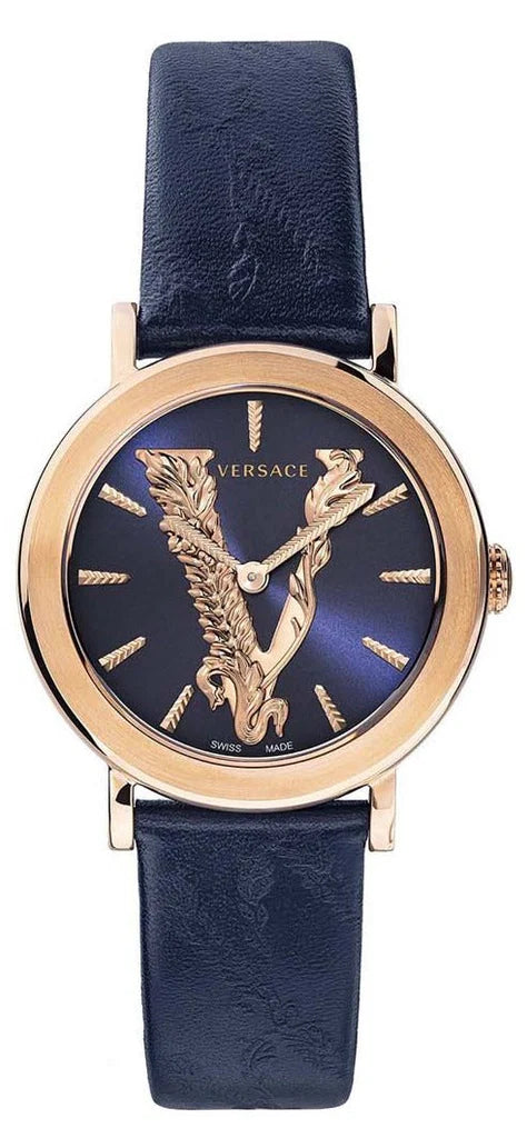 Versace Virtus Quarzuhr mit blauem Zifferblatt und blauem Lederarmband für Damen – VEHC00419