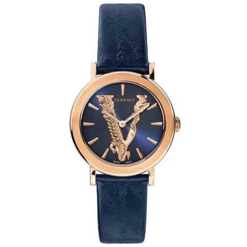 Versace Virtus Quarzuhr mit blauem Zifferblatt und blauem Lederarmband für Damen – VEHC00419