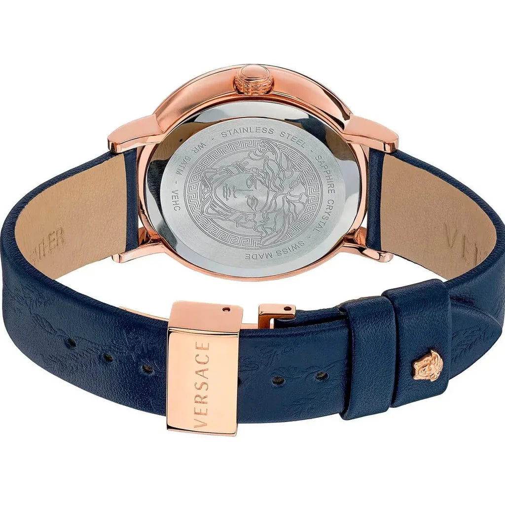 Versace Virtus Quarzuhr mit blauem Zifferblatt und blauem Lederarmband für Damen – VEHC00419