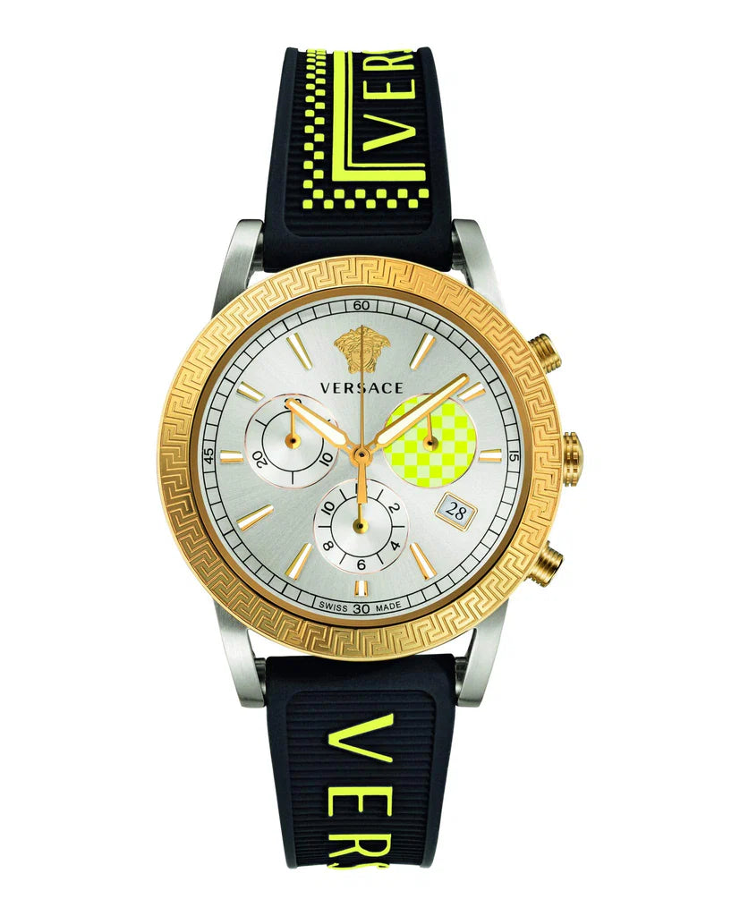 Versace Sports Tech Chronograph, silbernes Zifferblatt, schwarzes Kautschukarmband, Uhr für Damen – VELT00519,Damenuhr