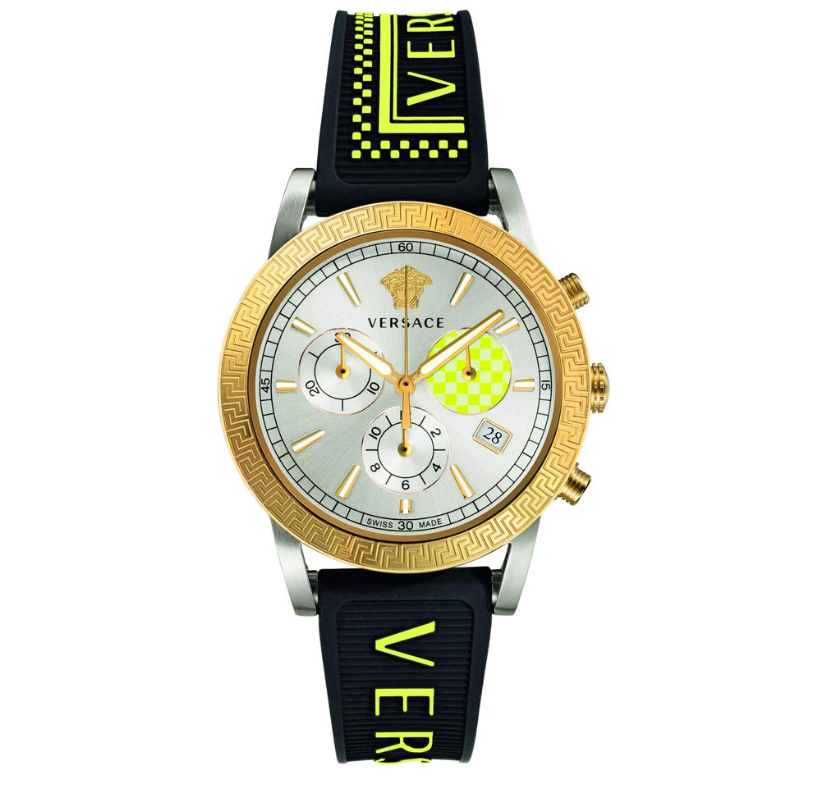 Versace Sports Tech Chronograph Silberzifferblatt Schwarze Gummiarmbanduhr für Damen – VELT00519