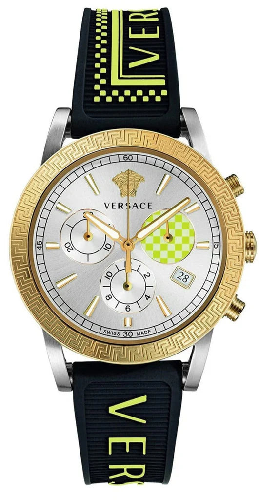 Versace Sports Tech Chronograph Silberzifferblatt Schwarze Gummiarmbanduhr für Damen – VELT00519