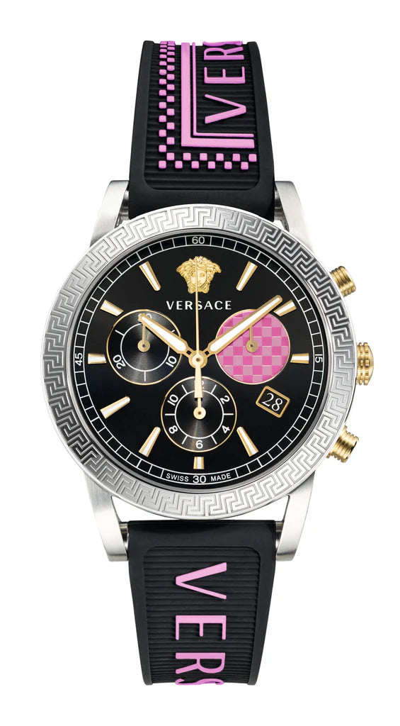 Versace Sport Tech Chronograph mit schwarzem Zifferblatt und schwarzem Kautschukarmband für Damen – VELT00619, Damenuhr