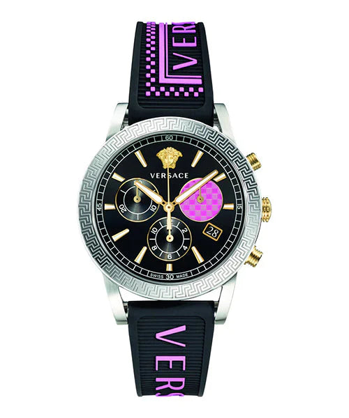 Versace Sport Tech Chronograph mit schwarzem Zifferblatt und schwarzem Kautschukarmband für Damen – VELT00619, Damenuhr