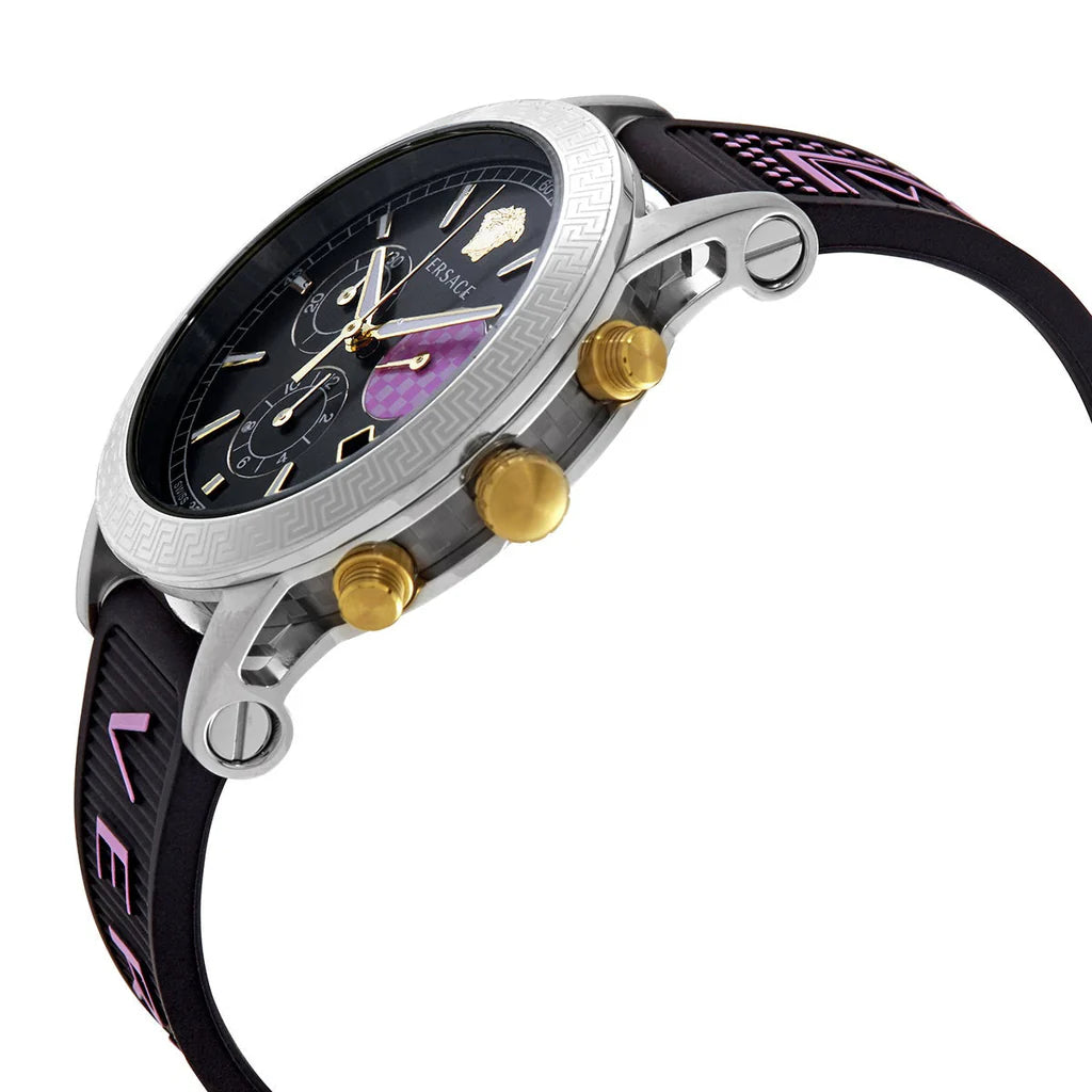 Versace Sport Tech Chronograph mit schwarzem Zifferblatt und schwarzem Kautschukarmband für Damen – VELT00619, Damenuhr