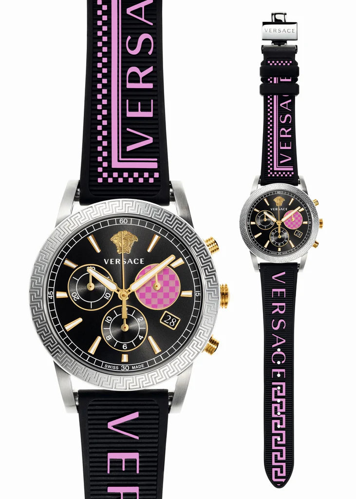 Versace Sport Tech Chronograph mit schwarzem Zifferblatt und schwarzem Kautschukarmband für Damen – VELT00619, Damenuhr