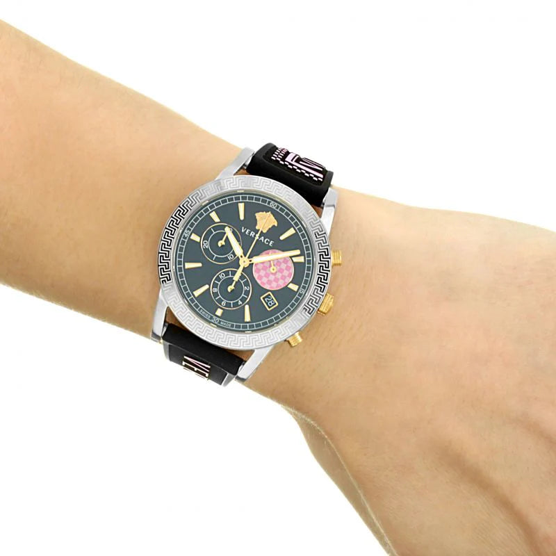 Versace Sport Tech Chronograph mit schwarzem Zifferblatt und schwarzem Kautschukarmband für Damen – VELT00619, Damenuhr