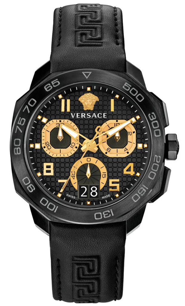 VVersace Dylos Chronograph Schwarzes Zifferblatt Schwarzes Kautschukarmband , Herrenuhr – VQC020015