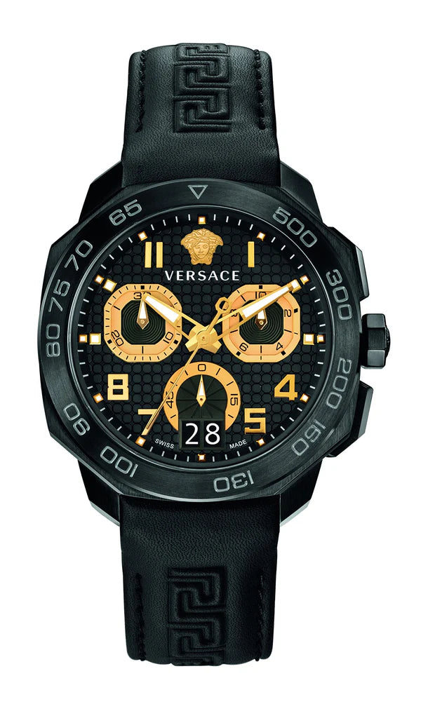 VVersace Dylos Chronograph Schwarzes Zifferblatt Schwarzes Kautschukarmband , Herrenuhr – VQC020015