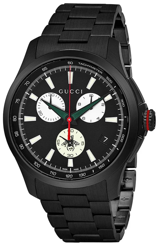 Gucci G-Timeless Chronograph Herrenuhr mit schwarzem Zifferblatt und schwarzem Edelstahlarmband - YA126268