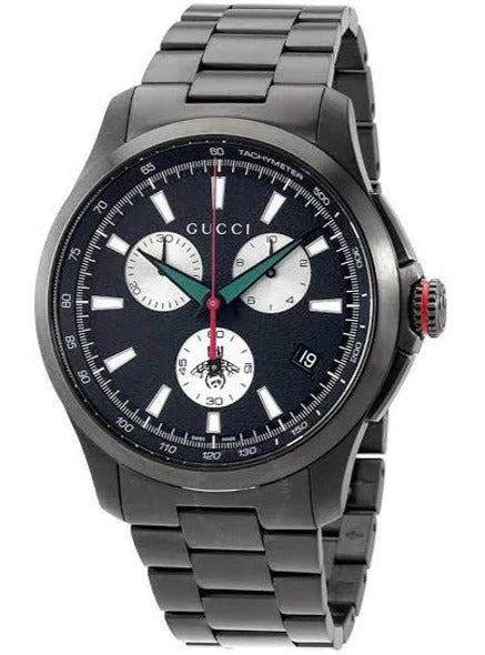 Gucci G-Timeless Chronograph Herrenuhr mit schwarzem Zifferblatt und schwarzem Edelstahlarmband - YA126268