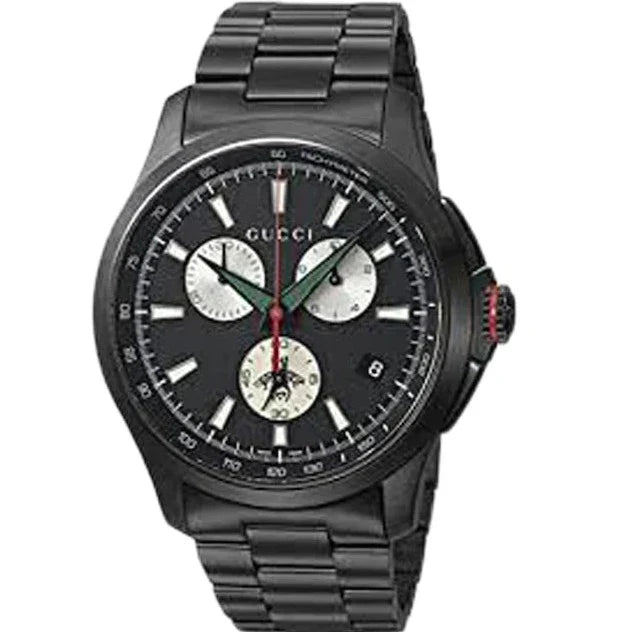Gucci G-Timeless Chronograph Herrenuhr mit schwarzem Zifferblatt und schwarzem Edelstahlarmband - YA126268