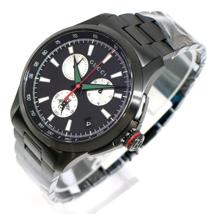 Gucci G-Timeless Chronograph Herrenuhr mit schwarzem Zifferblatt und schwarzem Edelstahlarmband - YA126268