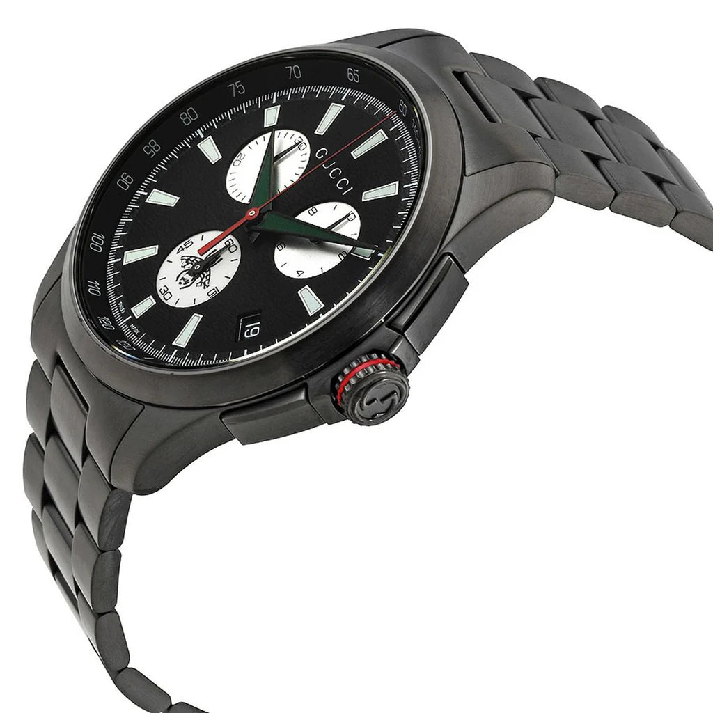 Gucci G-Timeless Chronograph Herrenuhr mit schwarzem Zifferblatt und schwarzem Edelstahlarmband - YA126268