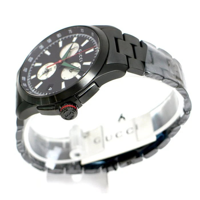 Gucci G-Timeless Chronograph Herrenuhr mit schwarzem Zifferblatt und schwarzem Edelstahlarmband - YA126268