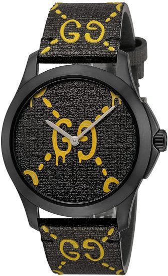Gucci G Timeless Ghost Schwarzes Zifferblatt Schwarze Lederarmbanduhr, Herrenuhr – YA1264019