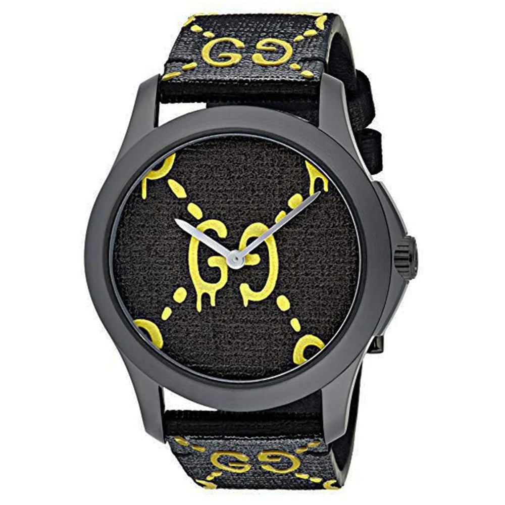 Gucci G Timeless Ghost Schwarzes Zifferblatt Schwarze Lederarmbanduhr, Herrenuhr – YA1264019