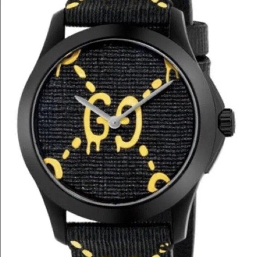 Gucci G Timeless Ghost Schwarzes Zifferblatt Schwarze Lederarmbanduhr, Herrenuhr – YA1264019