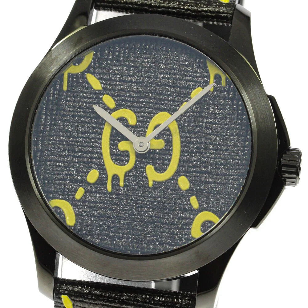 Gucci G Timeless Ghost Schwarzes Zifferblatt Schwarze Lederarmbanduhr, Herrenuhr – YA1264019