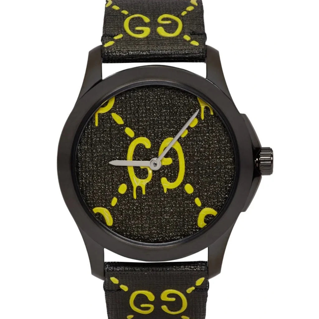 Gucci G Timeless Ghost Schwarzes Zifferblatt Schwarze Lederarmbanduhr, Herrenuhr – YA1264019