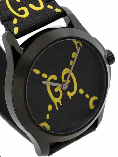Gucci G Timeless Ghost Schwarzes Zifferblatt Schwarze Lederarmbanduhr, Herrenuhr – YA1264019