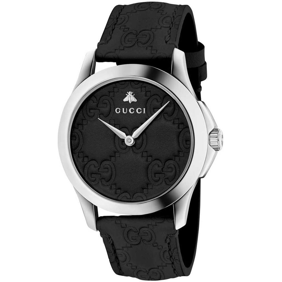 Gucci G Timeless Quartz – Schwarzes Zifferblatt – Schwarzes Lederarmband – Uhr für Damen – YA1264031A, Damenuhr