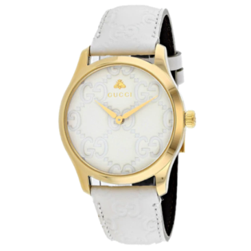 Gucci G Timeless Quarzuhr mit weißem Zifferblatt und weißem Lederarmband für Damen – YA1264033A, Damenuhr